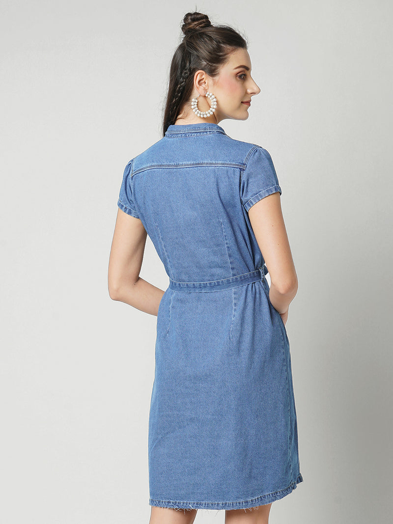 Women Dark Blue Solid Short Sleeves Denim Dress