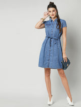 Women Dark Blue Solid Short Sleeves Denim Dress