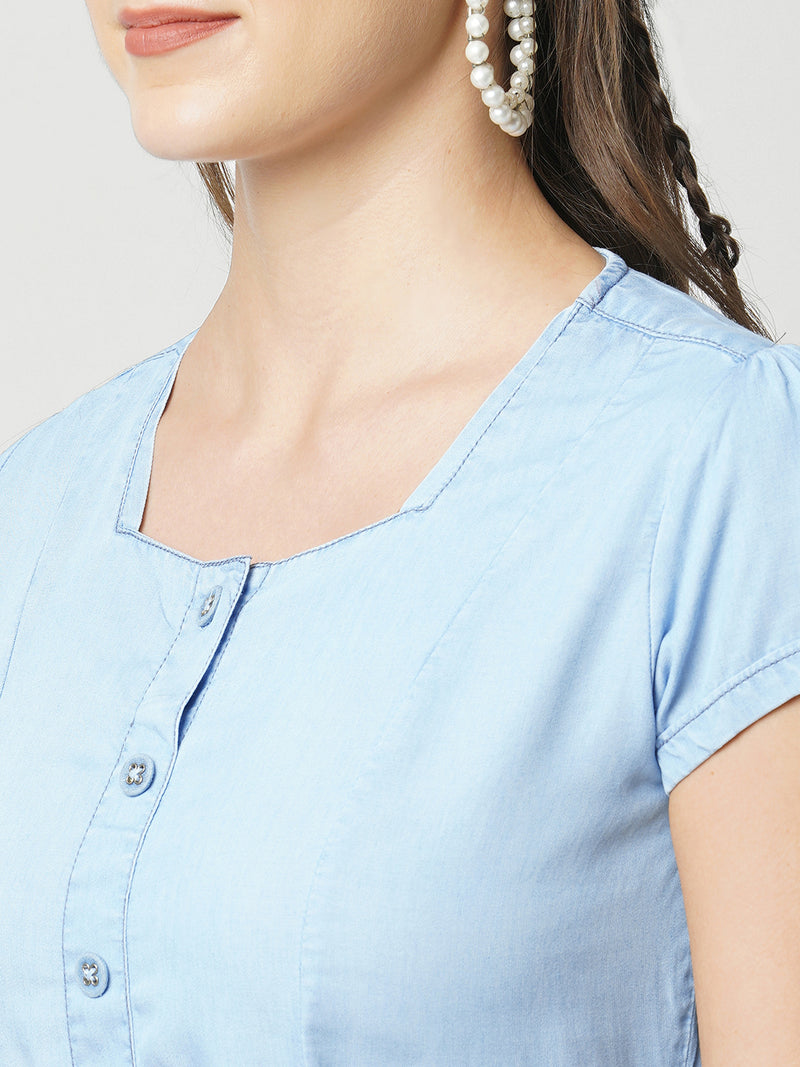 Women Blue Solid Short Sleeves Denim Dress