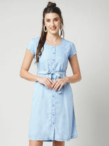 Women Blue Solid Short Sleeves Denim Dress