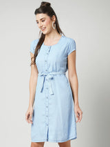 Women Blue Solid Short Sleeves Denim Dress