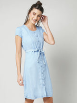 Women Blue Solid Short Sleeves Denim Dress