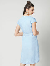 Women Blue Solid Short Sleeves Denim Dress