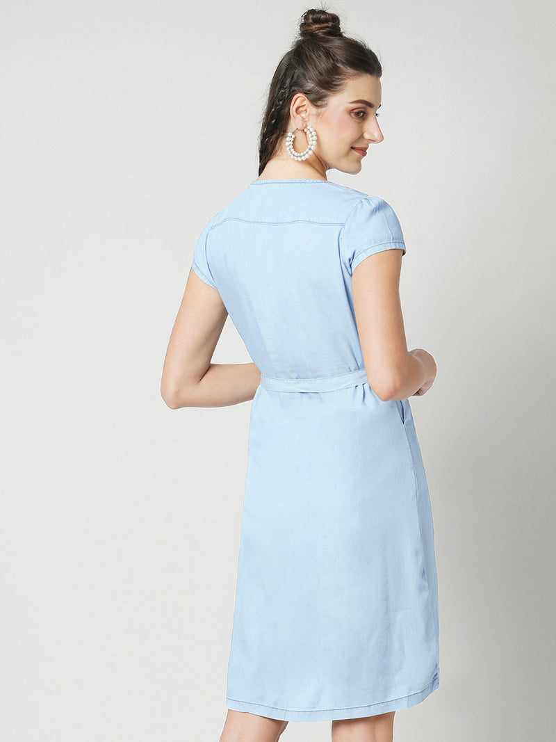 Women Blue Solid Short Sleeves Denim Dress
