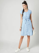 Women Blue Solid Short Sleeves Denim Dress