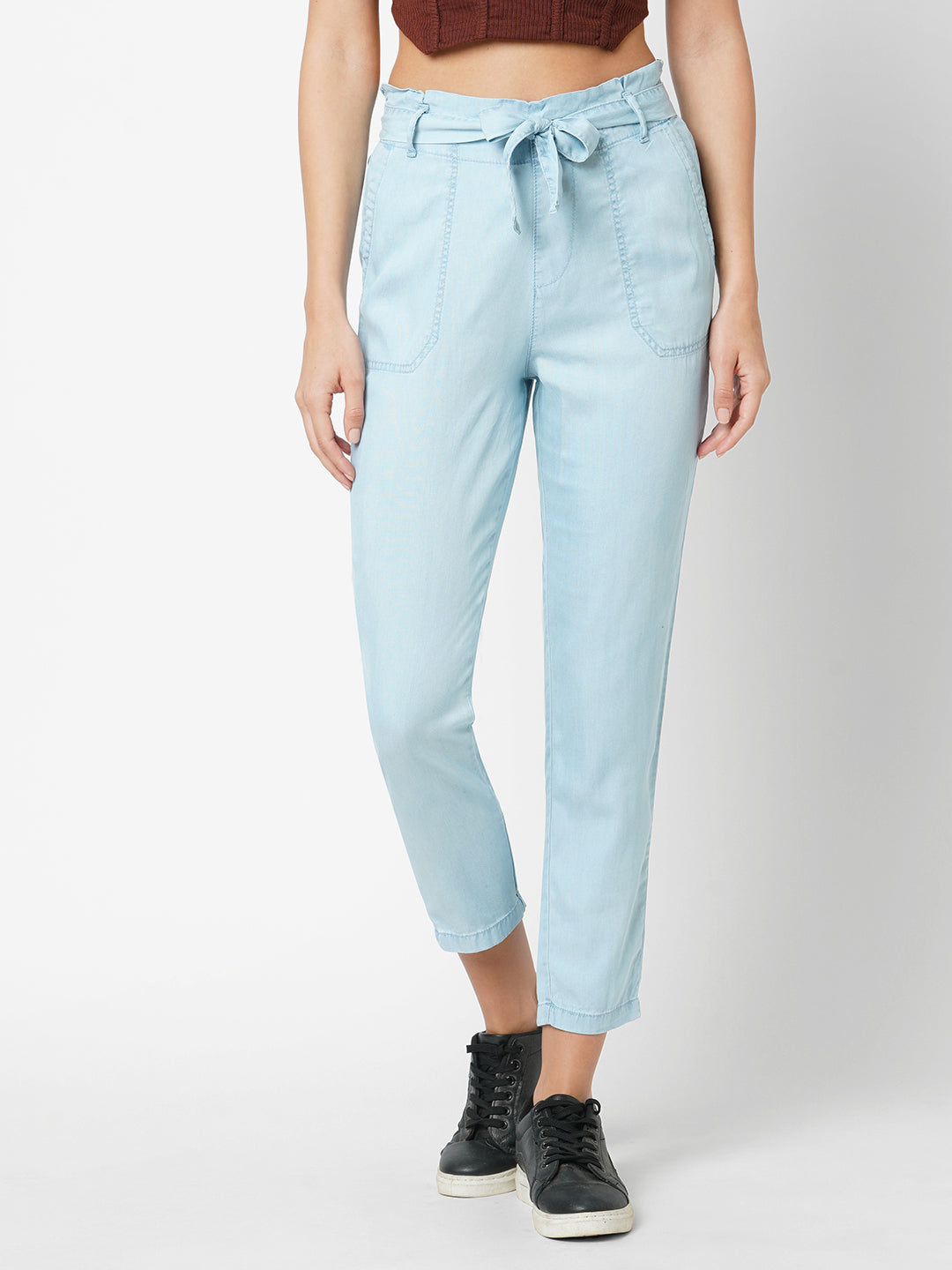 Women Light Blue High-Rise Paper Bag Pants