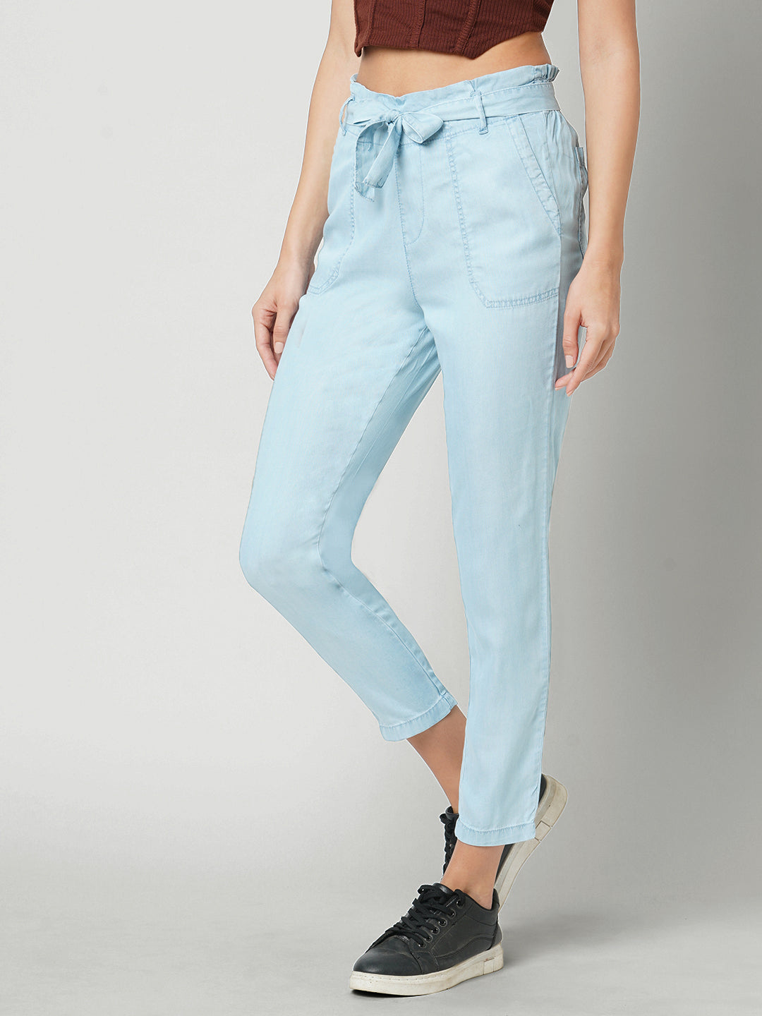 Women Light Blue High-Rise Paper Bag Pants