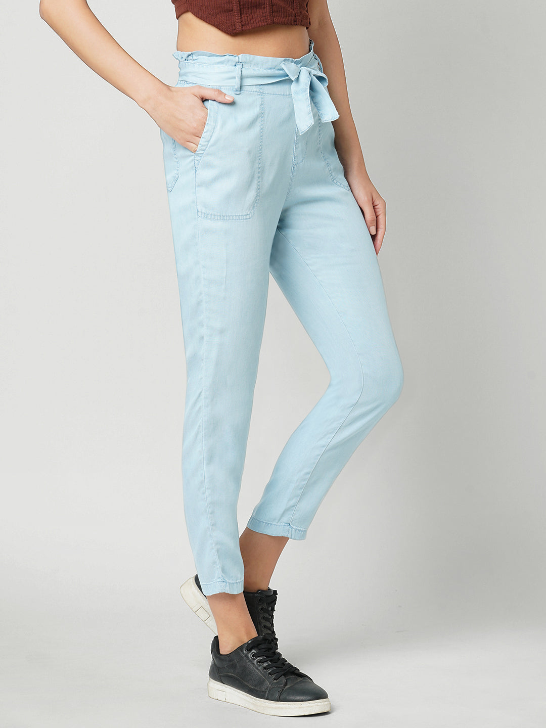 Women Light Blue High-Rise Paper Bag Pants