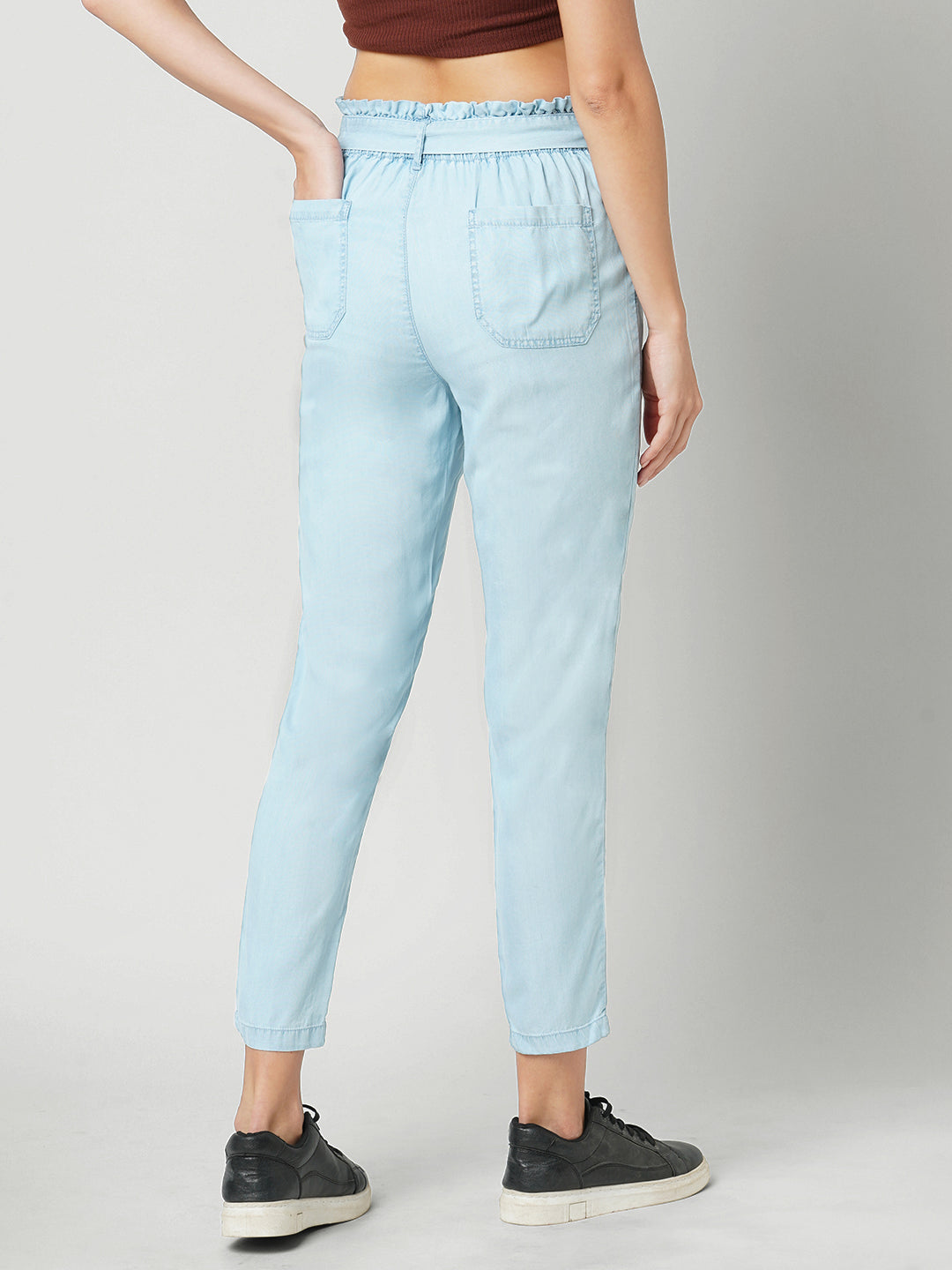 Women Light Blue High-Rise Paper Bag Pants