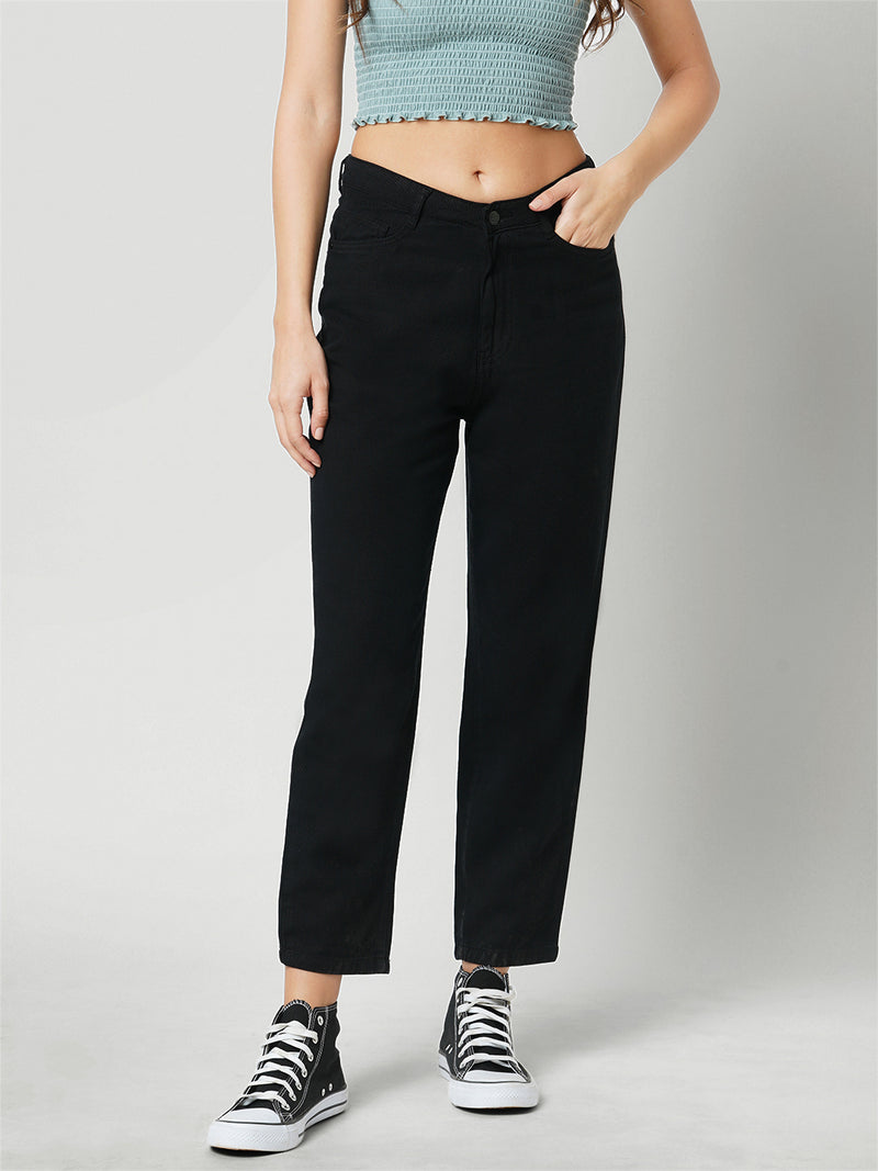 Women Black High Rise Mom Fit