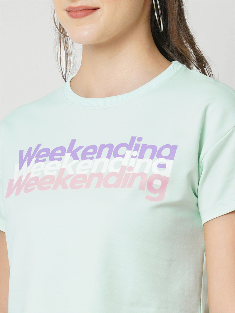 Women Mint Printed Short Sleeves Athleisure Top