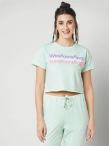 Women Mint Printed Short Sleeves Athleisure Top