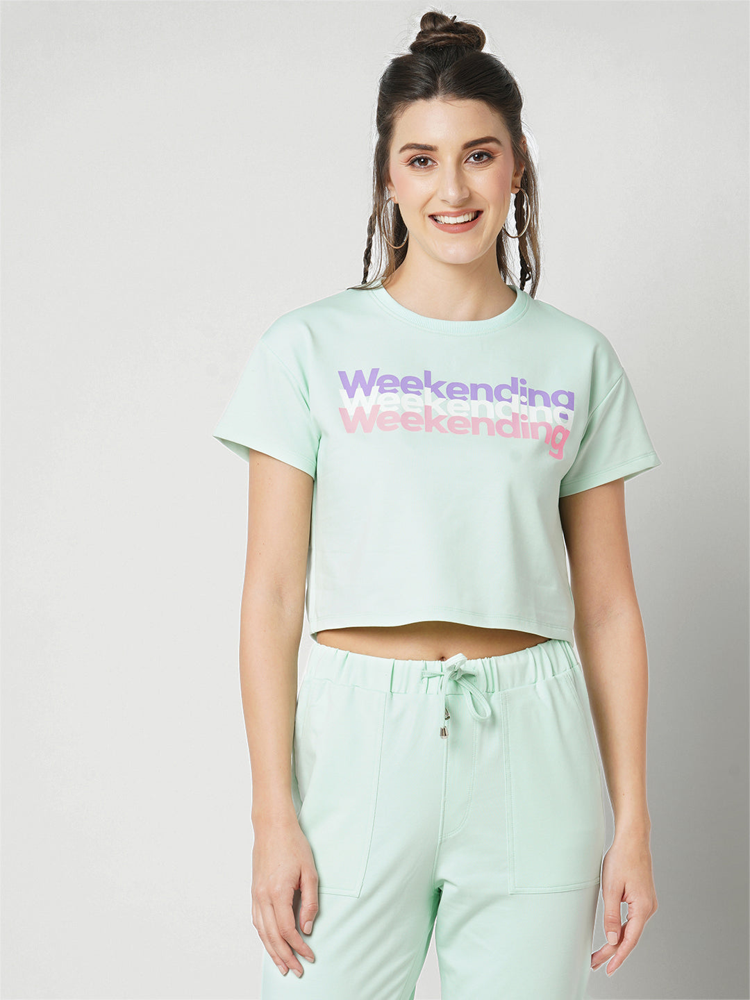 Women Mint Printed Short Sleeves Athleisure Top
