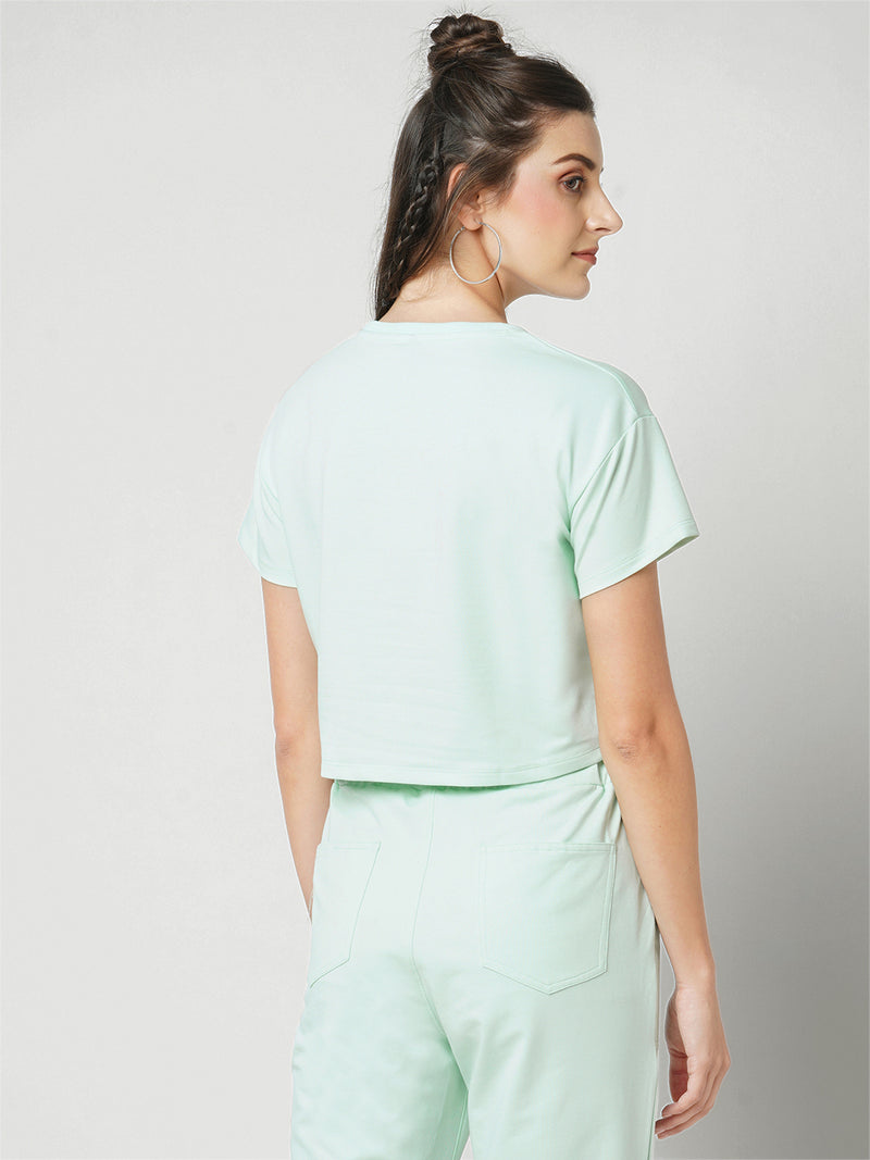 Women Mint Printed Short Sleeves Athleisure Top