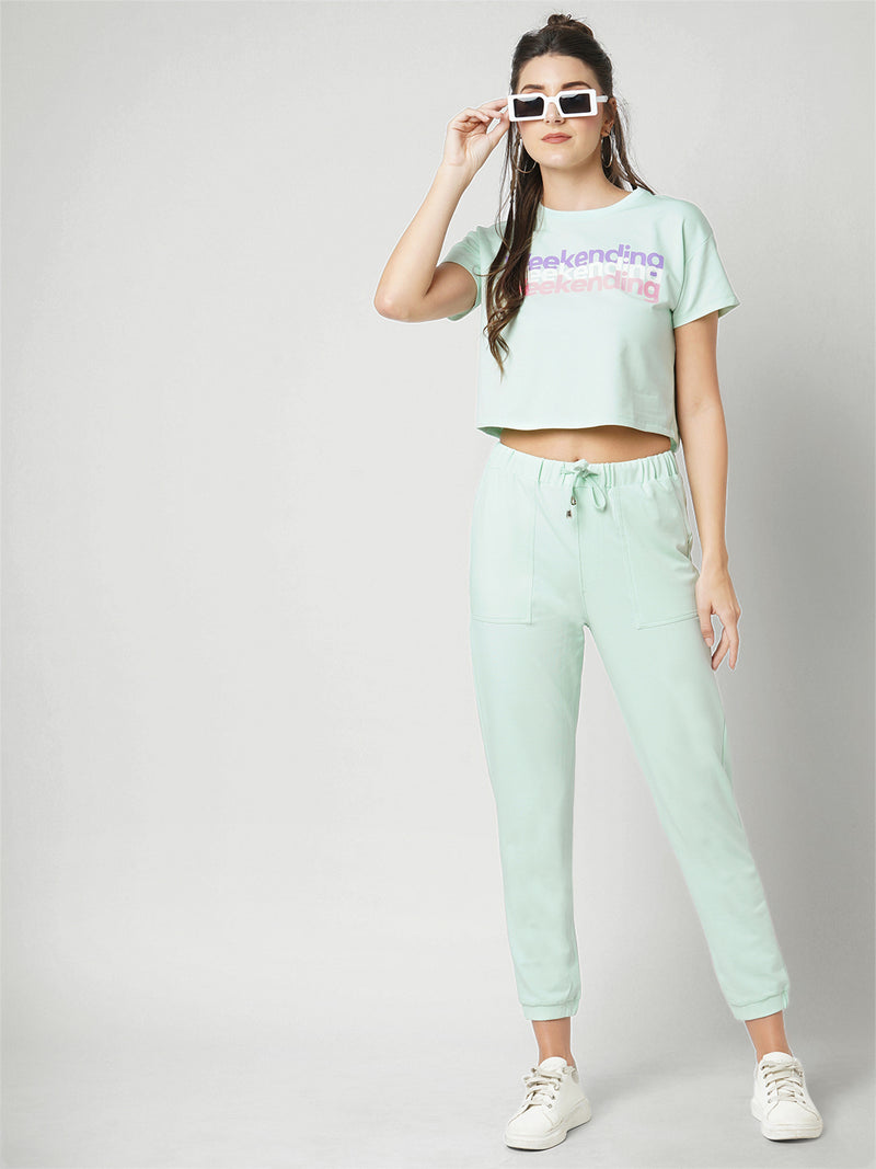Women Mint Printed Short Sleeves Athleisure Top