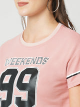 Women Blush Pink Printed Short Sleeves Athleisure Top