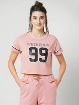Women Blush Pink Printed Short Sleeves Athleisure Top
