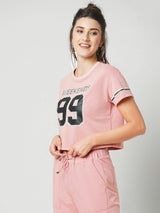Women Blush Pink Printed Short Sleeves Athleisure Top