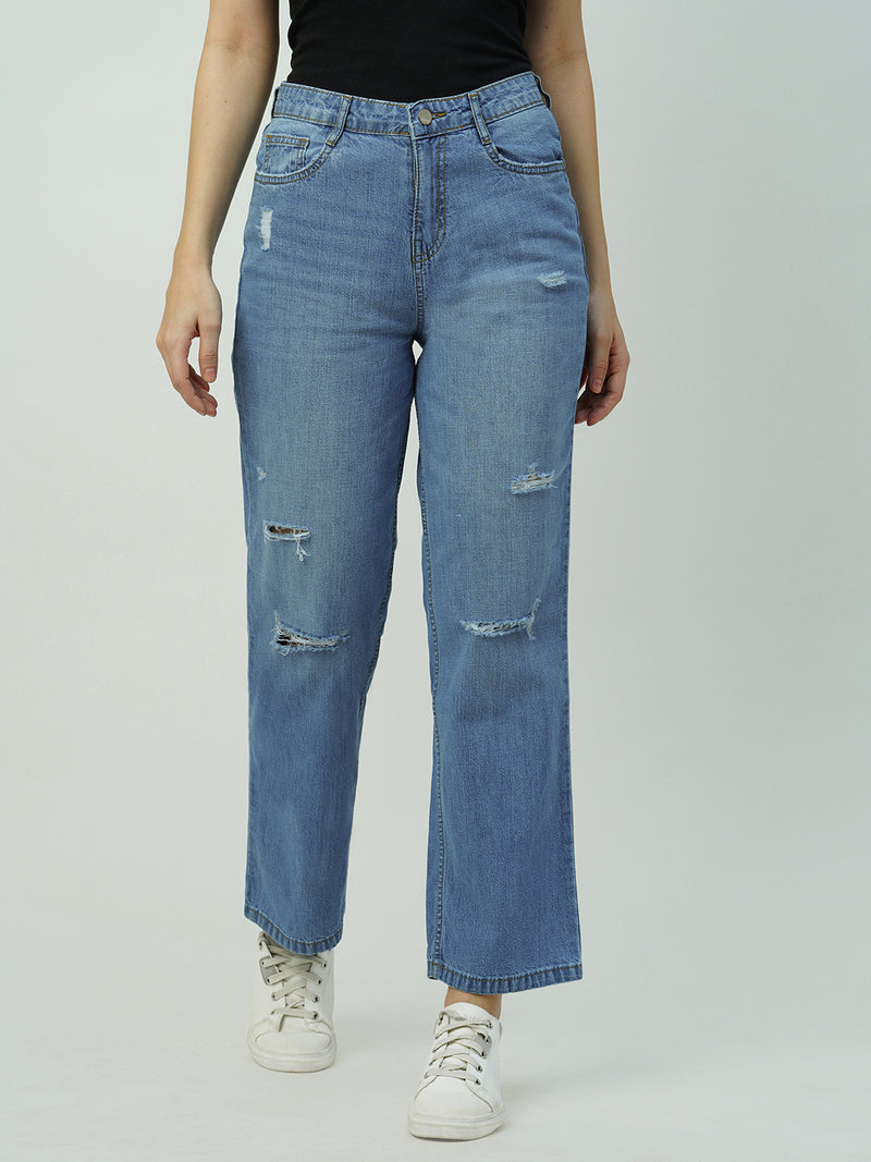 Kraus Jeans Women Straight Fit High-Rise Low Distress Light Fade Jeans
