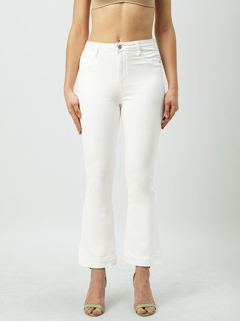 Women White High Rise Mini Flare Jeans