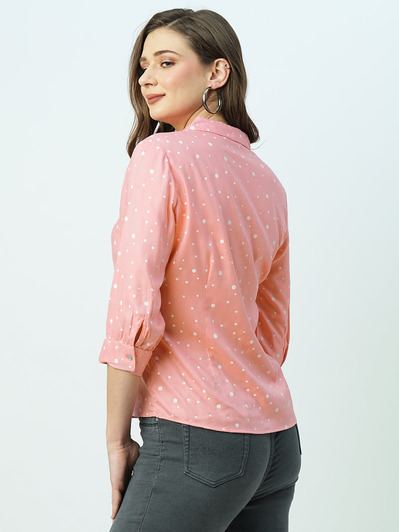 Women Blush Pink Polka Dot Three-Quarter Sleeves Shirts