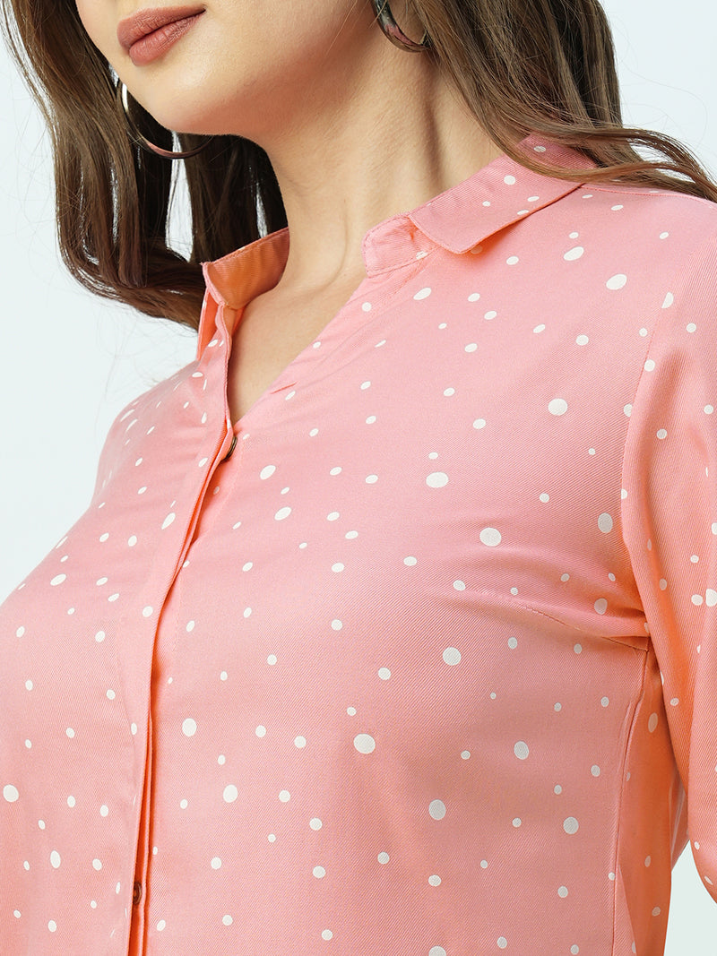 Women Blush Pink Polka Dot Three-Quarter Sleeves Shirts