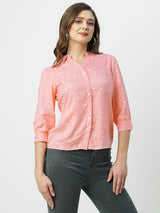 Women Blush Pink Polka Dot Three-Quarter Sleeves Shirts