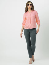 Women Blush Pink Polka Dot Three-Quarter Sleeves Shirts