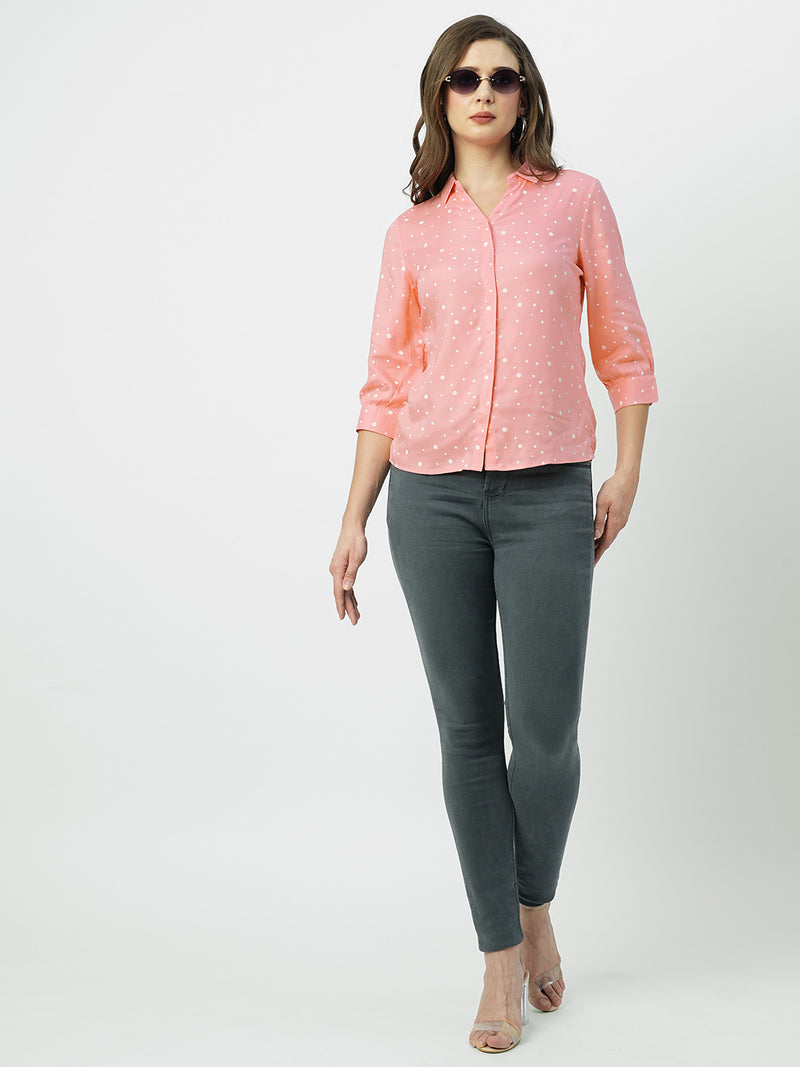 Women Blush Pink Polka Dot Three-Quarter Sleeves Shirts