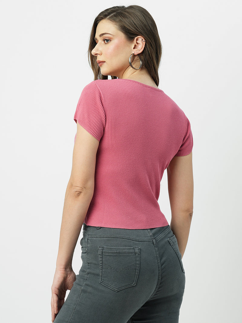 Women Blush Pink Solid Short Sleeves Topwear