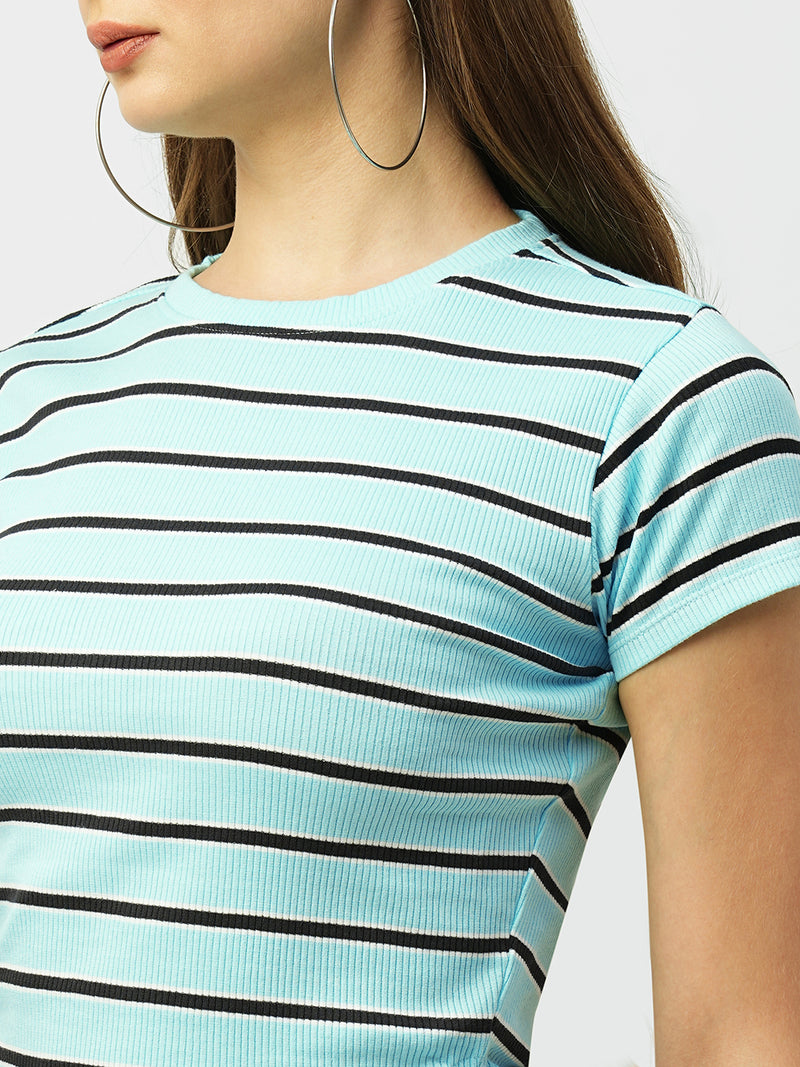 Women Aqua Blue Striped Short Sleeves T-Shirts