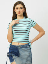 Women Aqua Blue Striped Short Sleeves T-Shirts