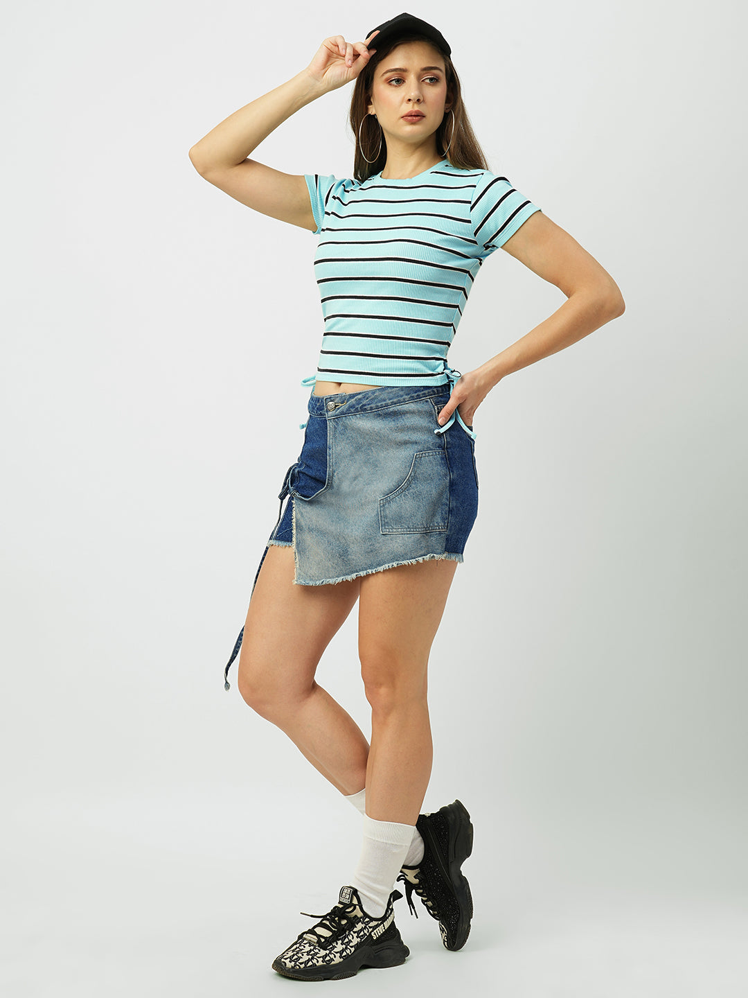 Women Aqua Blue Striped Slim T-Shirt