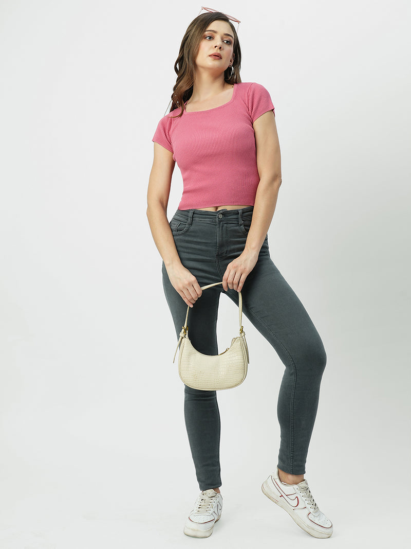Women Blush Pink Solid Short Sleeves Topwear