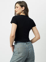 Women Black Solid Short Sleeves T-Shirts