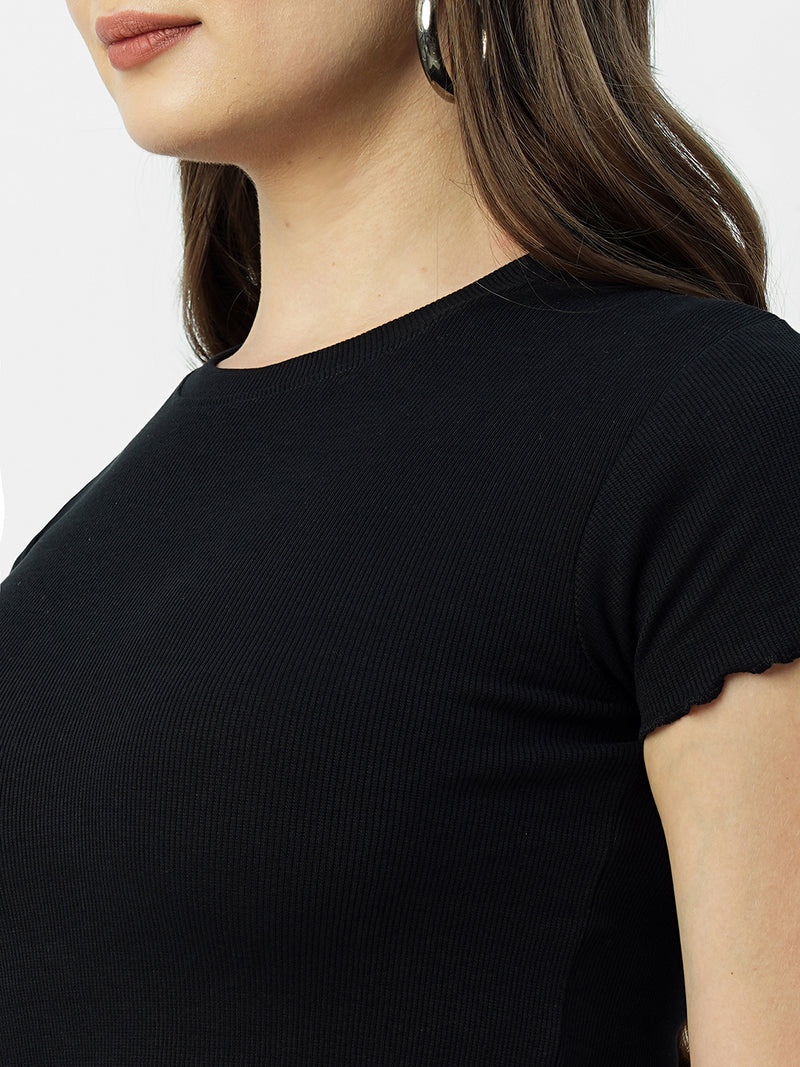 Women Black Solid Short Sleeves T-Shirts