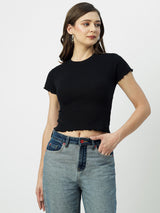 Women Black Solid Short Sleeves T-Shirts