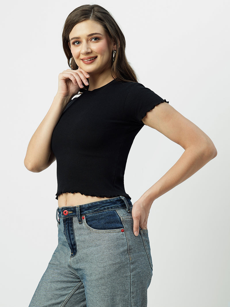 Women Black Solid Short Sleeves T-Shirts