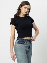 Women Black Solid Short Sleeves T-Shirts