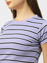 Women Lilac Striped Short Sleeves T-Shirts