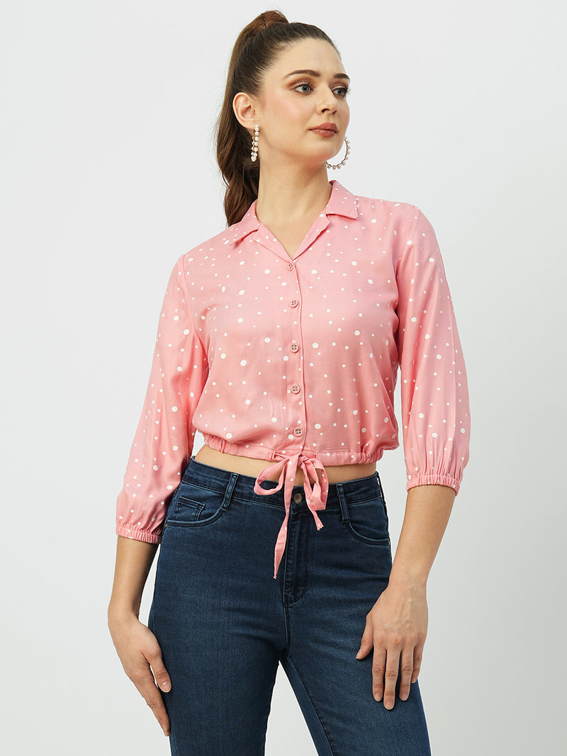 Women Blush Pink Polka Dot Three-Quarter Sleeves Shirts