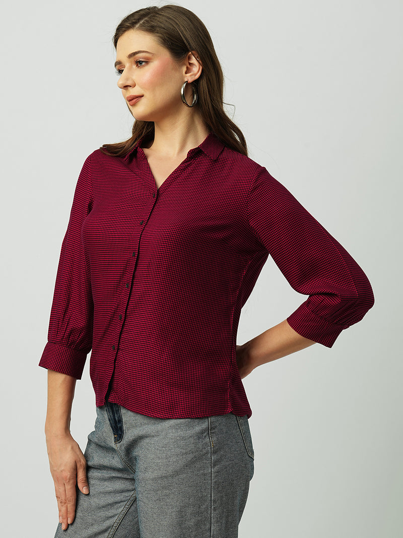 Women Red & Black Striped Three-Quarter Sleeves Shirts