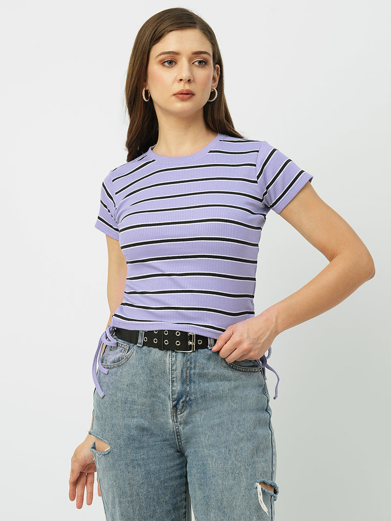 Women Lilac Striped Short Sleeves T-Shirts
