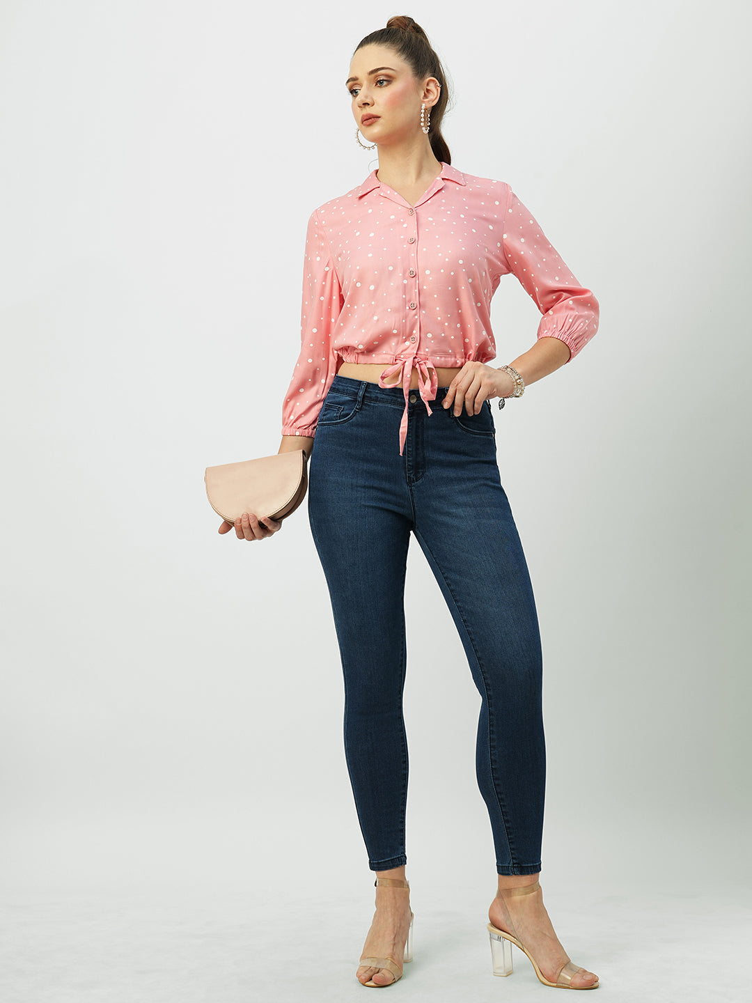 Women Blush Pink Polka Dot Slim Shirt