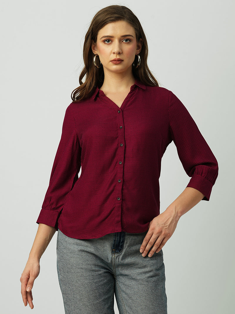 Women Red & Black Striped Three-Quarter Sleeves Shirts