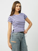 Women Lilac Striped Short Sleeves T-Shirts