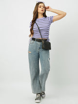 Women Lilac Striped Short Sleeves T-Shirts