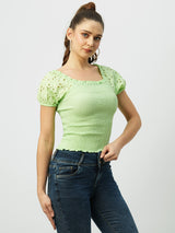 Women Leafy Solid Short Sleeves Tops