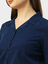 Women Ink Blue Solid Three-Quarter Sleeves Shirts