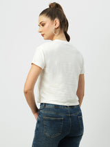 Women Off White Printed Short Sleeves T-Shirts